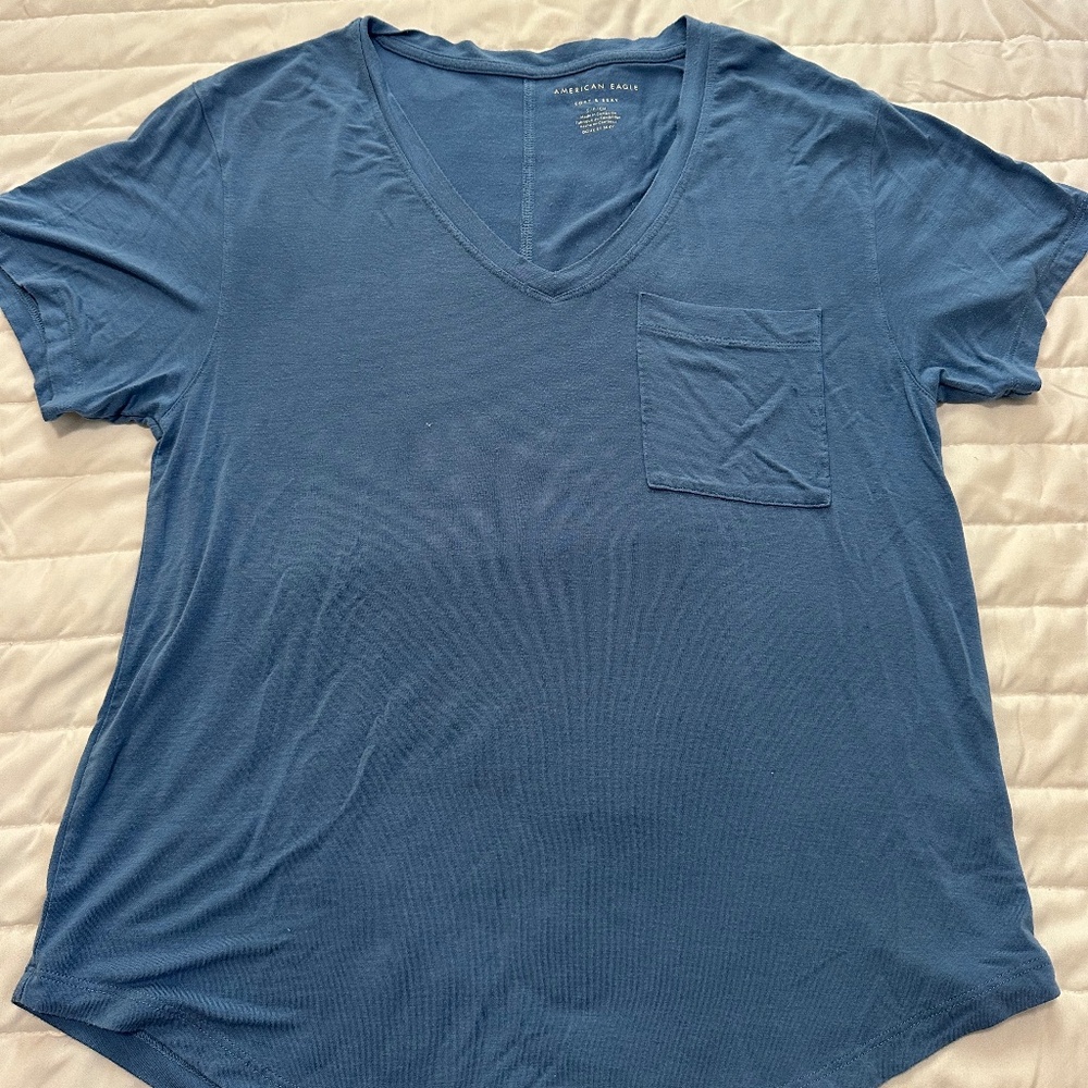 American Eagle Soft & Sexy Oversize V-Neck Blue Shirt Size Small